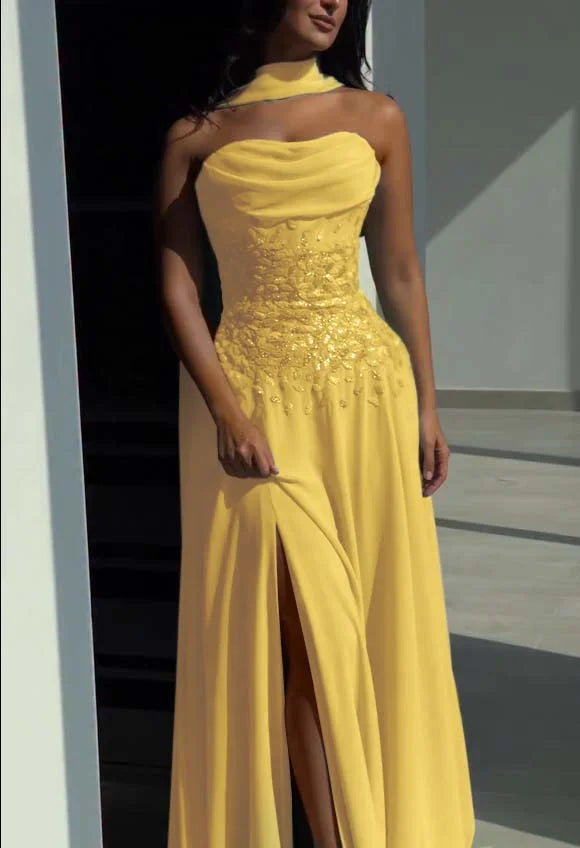 Robe de bal glamour en mousseline bustier brodée de paillettes avec fente haute Robe de soirée DP8216