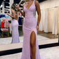 Sparkle Lilac V Neck Backless Long Prom Dress with Slit,DP1071