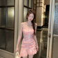 Vintage Pink Floral Sequin Spaghetti Strap Mini Ruched Ruffle Hem Bodycon Homecoming Dress DP8819