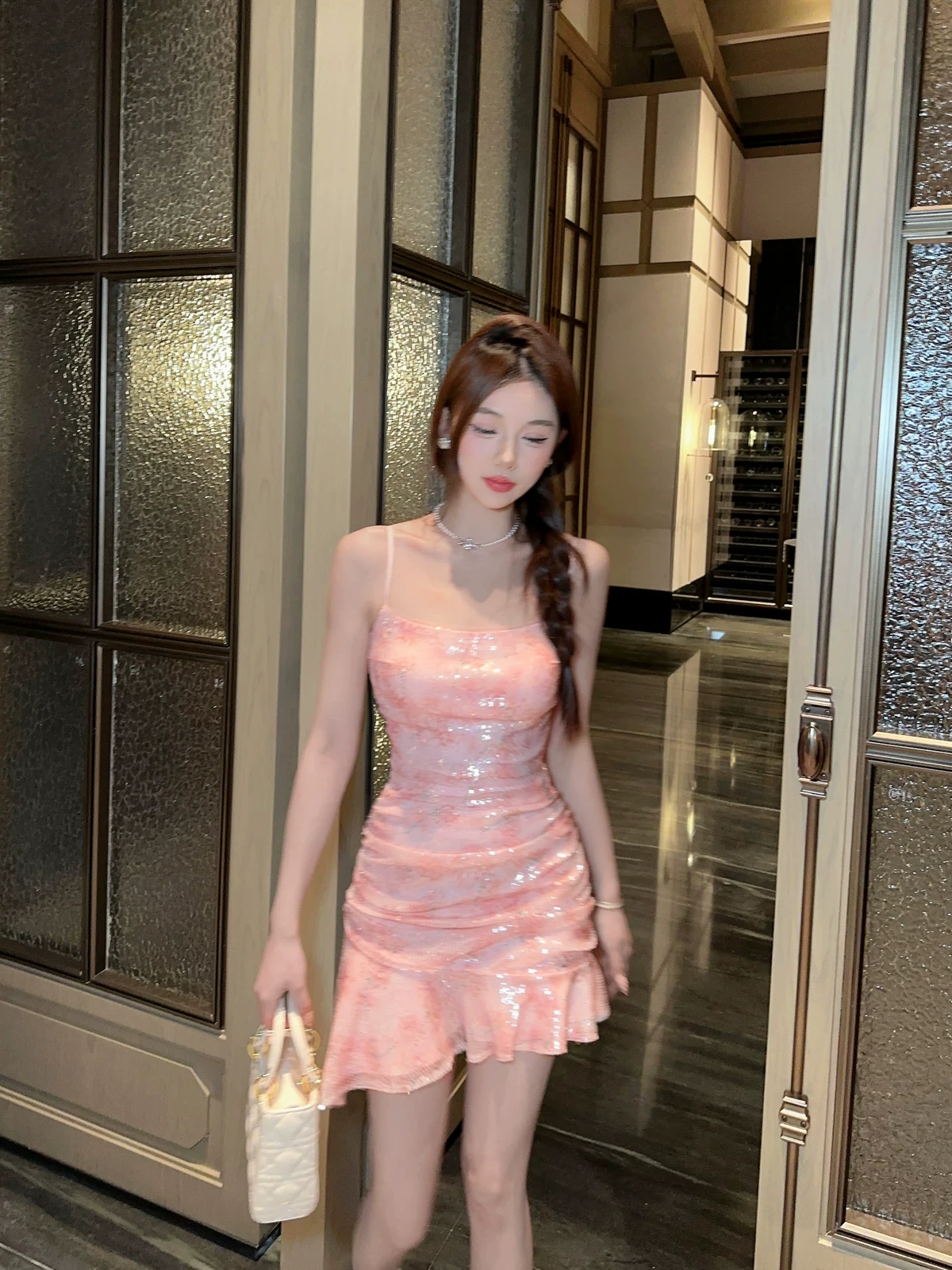 Vintage Pink Floral Sequin Spaghetti Strap Mini Ruched Ruffle Hem Bodycon Homecoming Dress DP8819