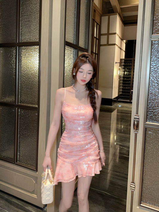 Vintage Pink Floral Sequin Spaghetti Strap Mini Ruched Ruffle Hem Bodycon Homecoming Dress DP8819
