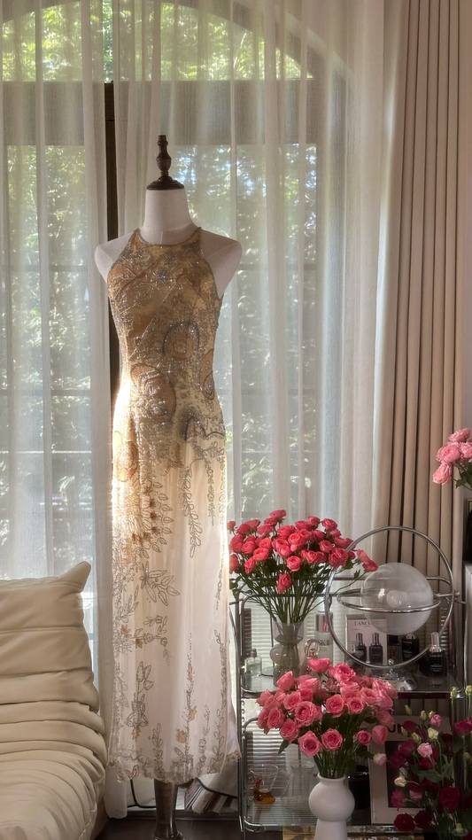 Retro Golden Sparkling Beaded Halter Dress Elegant Chiffon Evening Dress Prom Dresses DP5998