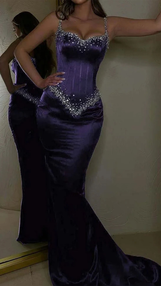 Vintage Purple Satin Mermaid Sweetheart Neckline Spaghetti Strap Beaded Evening Gown DP7393