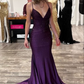 Dark Purple Spaghetti Straps Mermaid Satin Long Formal Prom Dress DP3890