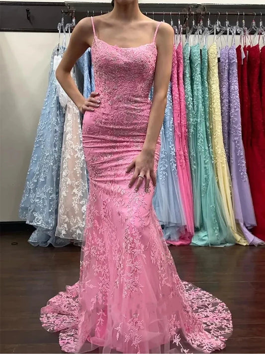 Elegant Pink Lace Mermaid Prom Dress Spaghetti Strap Formal Evening Gown with Lace Train DP8197
