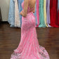 Elegant Pink Lace Mermaid Prom Dress Spaghetti Strap Formal Evening Gown with Lace Train DP8197