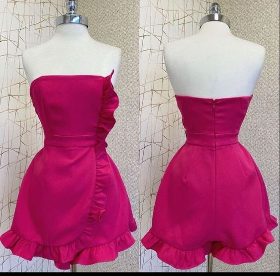 Hot Pink Strapless Sheath Ruffles Homecoming Dress Mini Summer Dress, DP3553