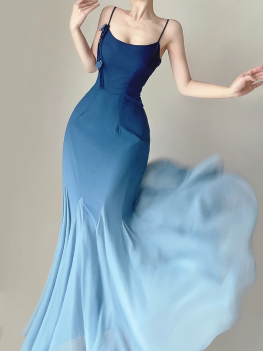 Robe de soirée longue sirène à bretelles spaghetti bleu ombré, simple, DP5379