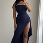 Dark Navy Strapless Sheath Long Party Dress with Slit, DP2924