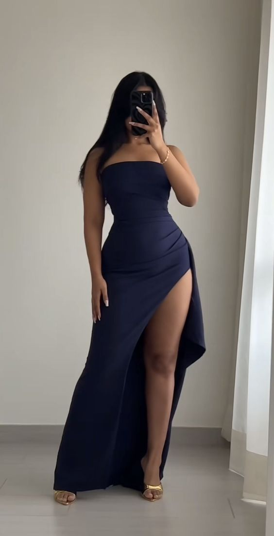 Dark Navy Strapless Sheath Long Party Dress with Slit, DP2924