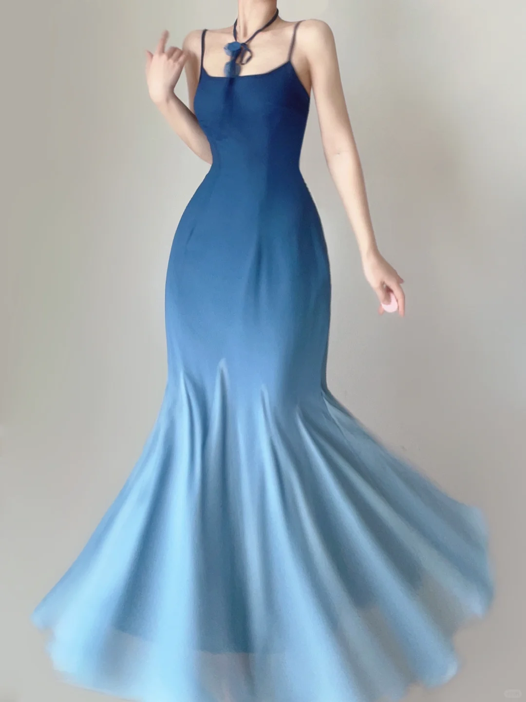 Robe de soirée longue sirène à bretelles spaghetti bleu ombré, simple, DP5379