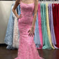 Elegant Pink Lace Mermaid Prom Dress Spaghetti Strap Formal Evening Gown with Lace Train DP8197