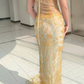 Stunning Light Yellow Straps Beading Mermaid Lace Long Prom Dress Evening Gown DP3855