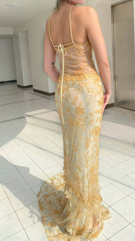 Stunning Light Yellow Straps Beading Mermaid Lace Long Prom Dress Evening Gown DP3855