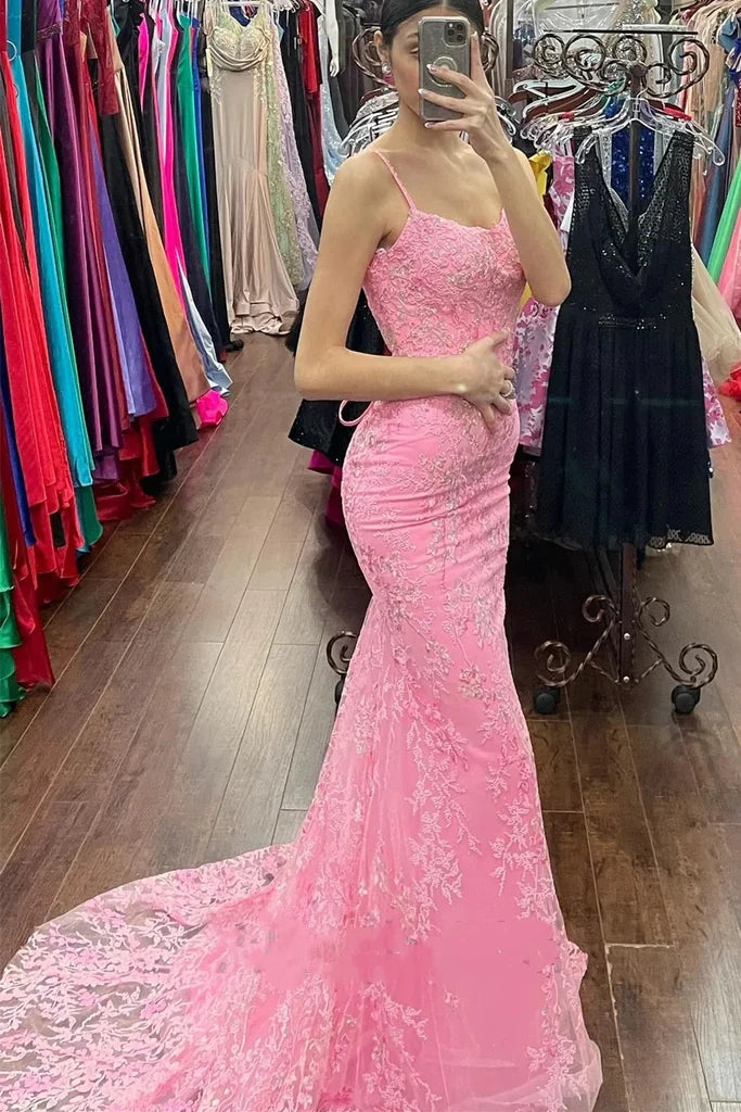 Elegant Pink Lace Mermaid Prom Dress Spaghetti Strap Formal Evening Gown with Lace Train DP8197