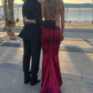 Burgundy V neck Backless Mermaid Sexy Long Prom Dress, DP3636