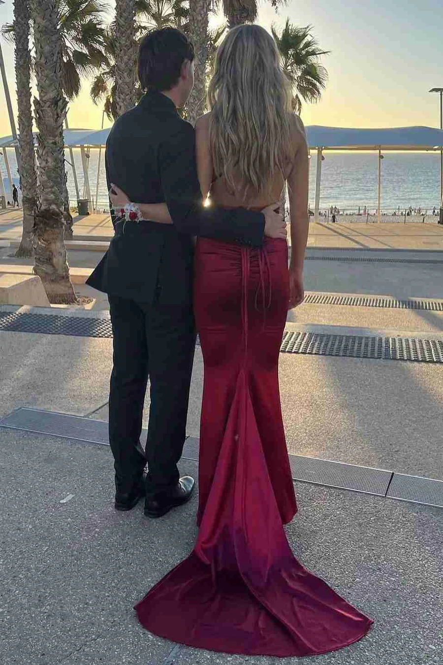 Burgundy V neck Backless Mermaid Sexy Long Prom Dress, DP3636