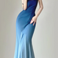 Robe de soirée longue sirène à bretelles spaghetti bleu ombré, simple, DP5379
