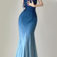 Robe de soirée longue sirène à bretelles spaghetti bleu ombré, simple, DP5379