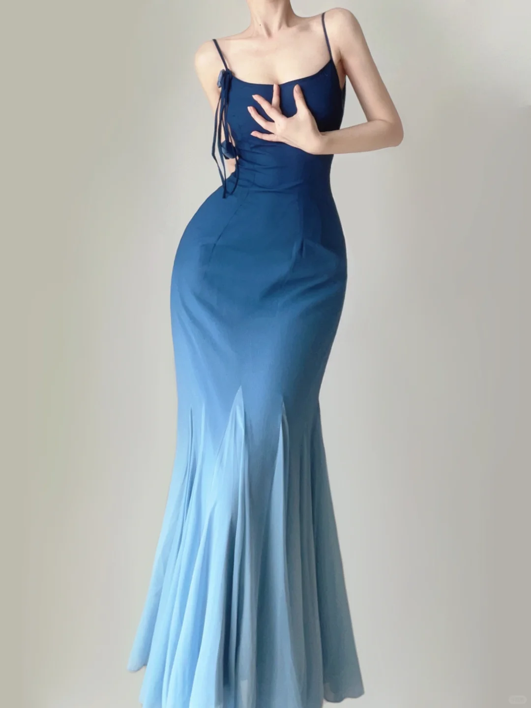 Robe de soirée longue sirène à bretelles spaghetti bleu ombré, simple, DP5379