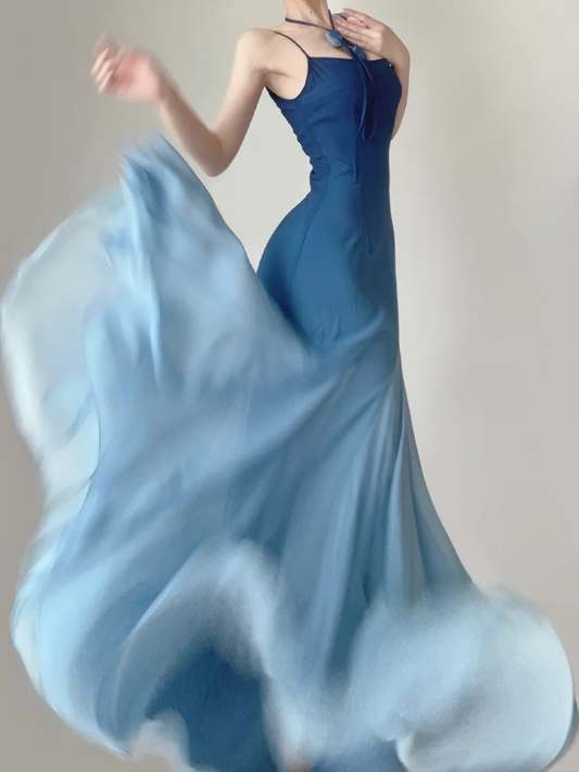 Robe de soirée longue sirène à bretelles spaghetti bleu ombré, simple, DP5379