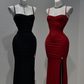 Black Spaghetti Straps Mermaid Split Satin Long Evening Party Dresses, DP5451