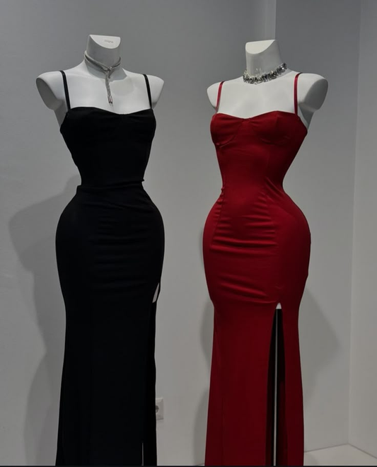 Black Spaghetti Straps Mermaid Split Satin Long Evening Party Dresses, DP5451
