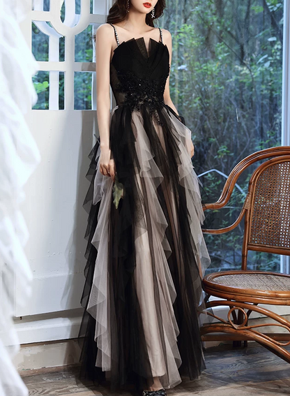 Elegant Black Ombre Tulle Spaghetti Straps Lace Appliques A‑Line Long Evening Gown DP8825