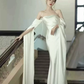 Elfenbeinfarbenes schulterfreies Maxikleid, rückenfreies langes Partykleid aus Satin, DP3605