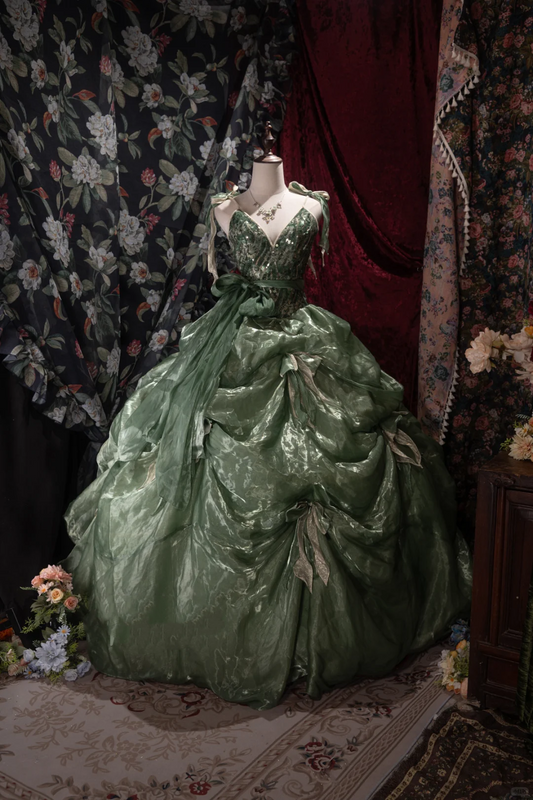 Glamorous Emerald Green Sequin V-Neck Tulle Ball Gown DP8343