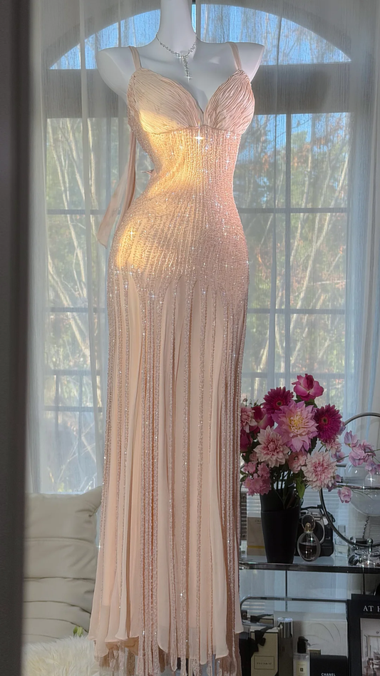 Glamorous Champagne Beaded Mermaid Prom Gown Spaghetti Strap Ruched Evening Dress DP8126