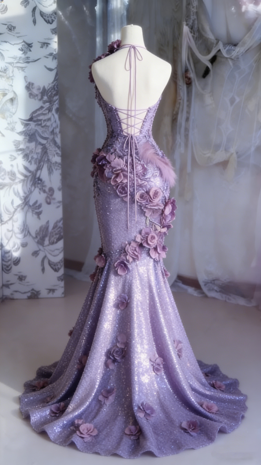 Enchanting Lavender Sequin Mermaid Evening Gown 3D Floral Appliques & Fur Accent Prom Dress DP8039