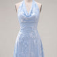 Elegant Light Blue 3D Floral Halter-Neck Ruched A-Line Homecoming Dress DP8736