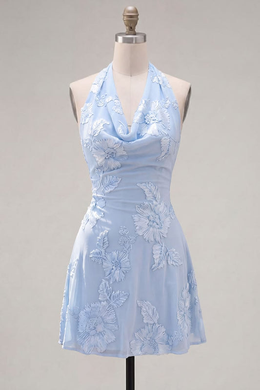 Elegant Light Blue 3D Floral Halter-Neck Ruched A-Line Homecoming Dress DP8736