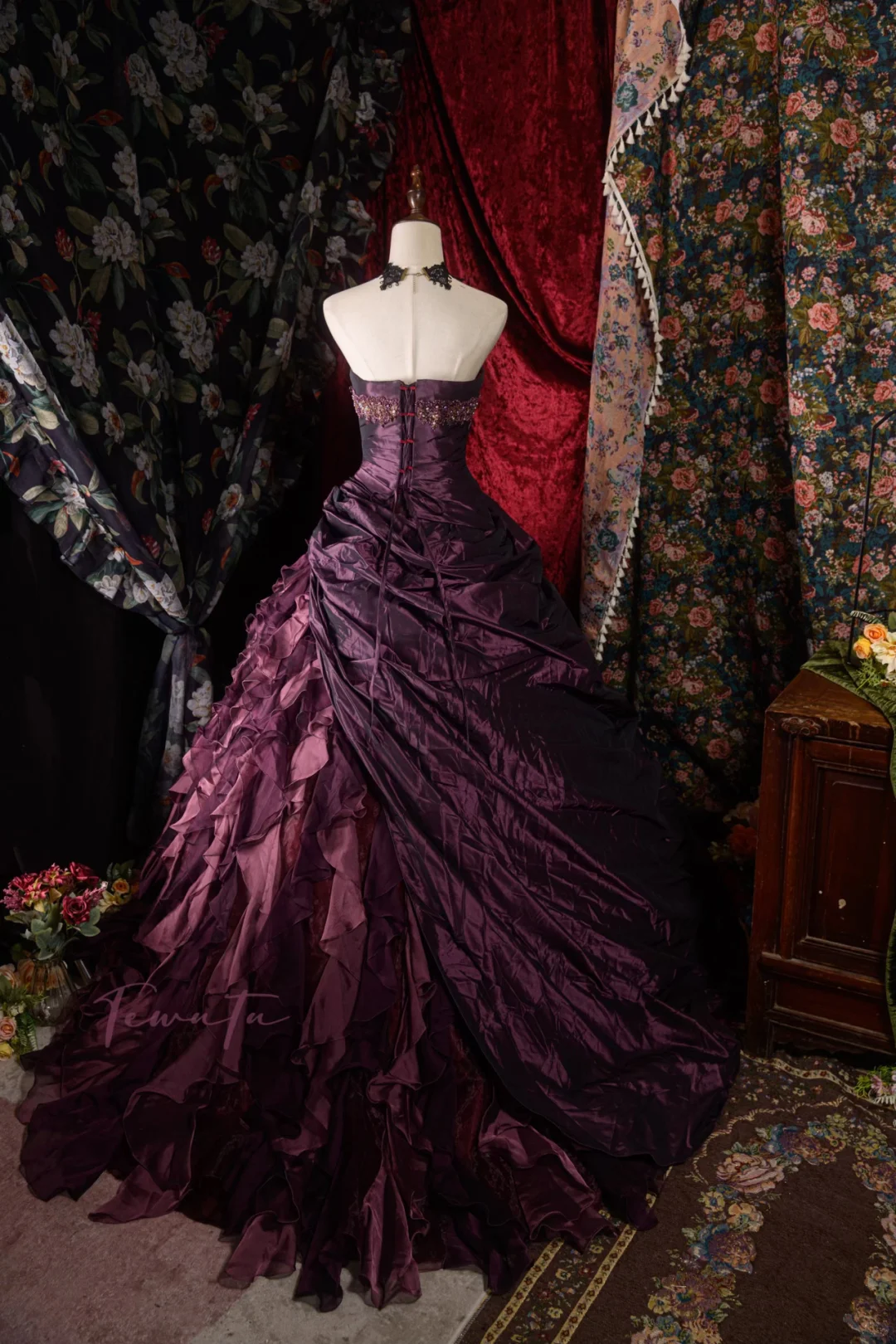 Glamorous Dark Purple Satin Ruffled Sweetheart Beaded Sweet 16 Quinceanera Ball Gown DP7306