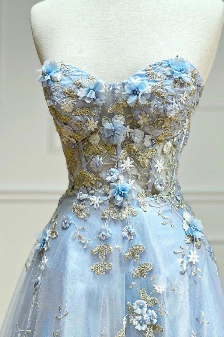 Vintage Light Blue Sweetheart Applique Strapless Design A-Line Evening Dress Prom Dress DP6132