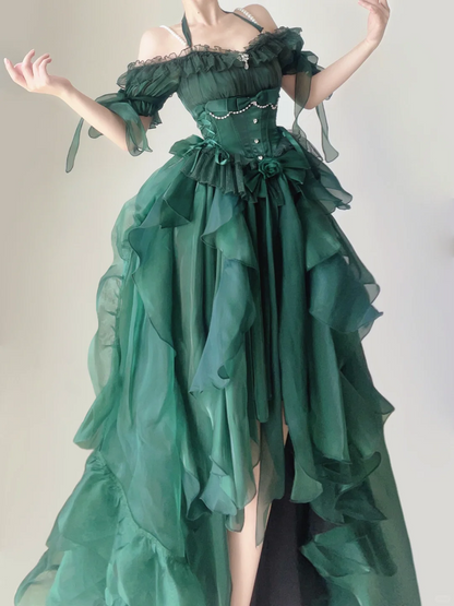 Green Off Shoulder A-Line Chiffon Long Party Dress Pretty Birthday Outfits, DP5380