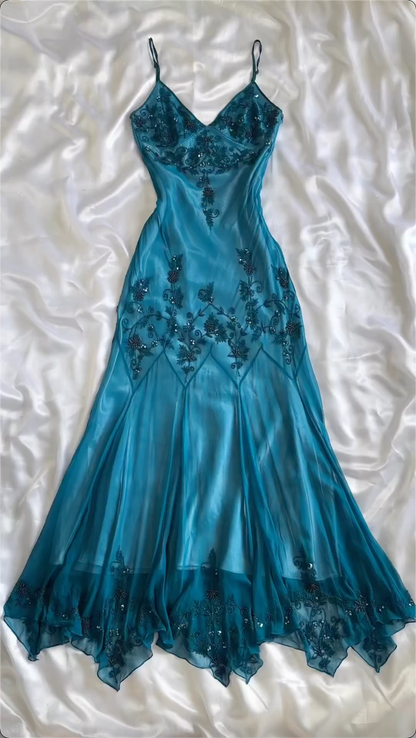 Elegant Blue Spaghetti Straps Beading Vintage Long Party Dress, DP3805