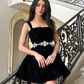 Black Straps A-Line Appliques Velvet Birthday Outfits Mini Party Dress, DP3601