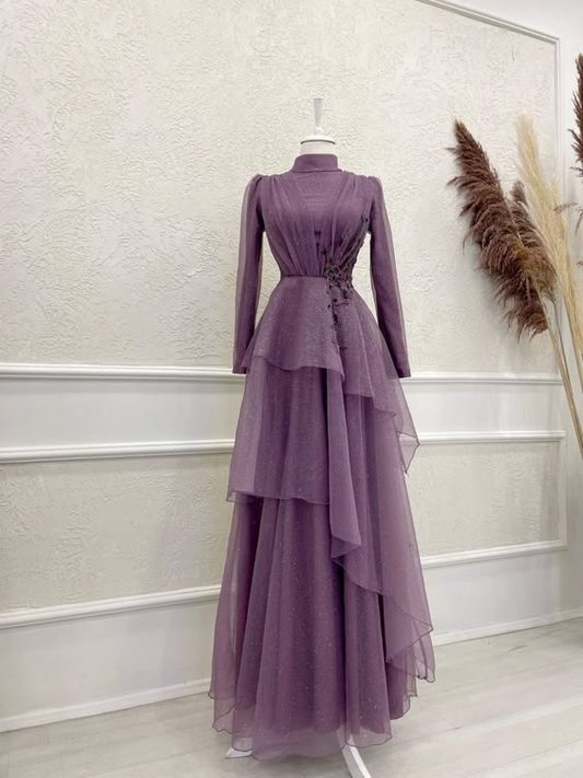 Elegant Purple High Neck Long Sleeves A-Line Formal Party Dress, DP3689