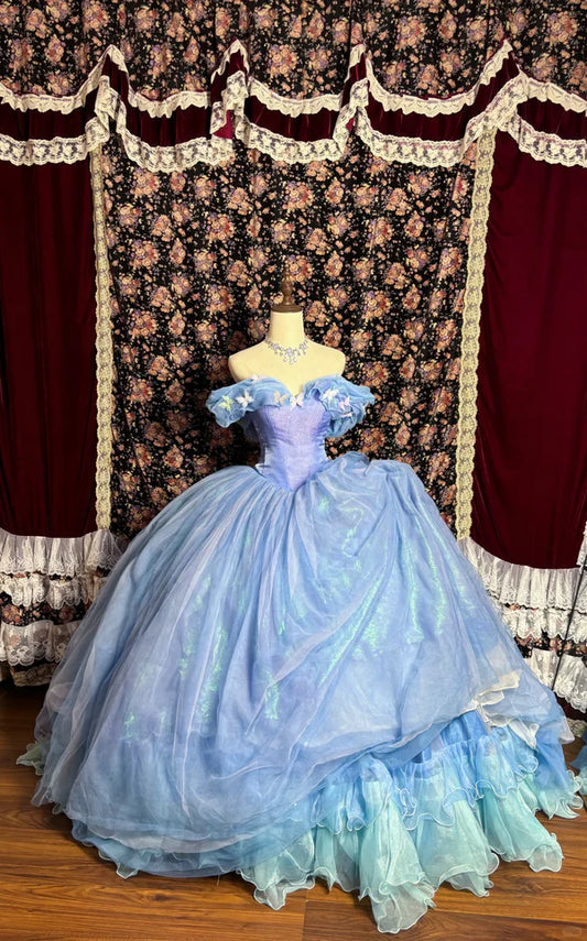 Vintage Blue Off-the-shoulder Chiffon Sweet 16 Quinceanera A-Line Princess Evening Dress Ball Gown DP6294