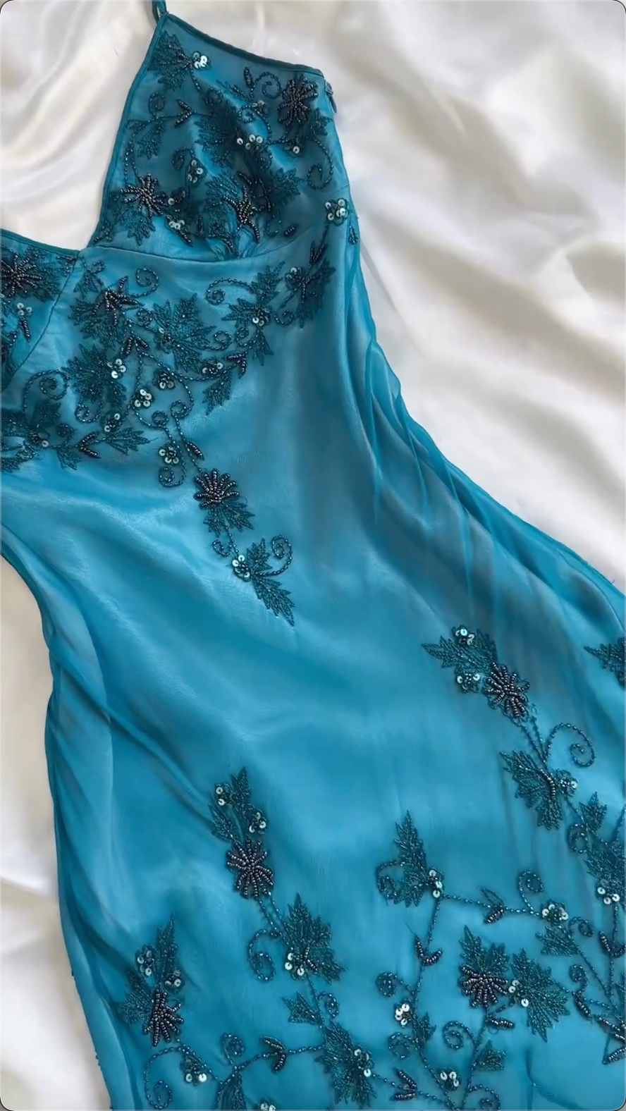 Elegant Blue Spaghetti Straps Beading Vintage Long Party Dress, DP3805