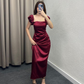 Elegant Satin Square Neck Evening Gown Puff Sleeve Ruched Sheath Wedding Guest Dress DP3762