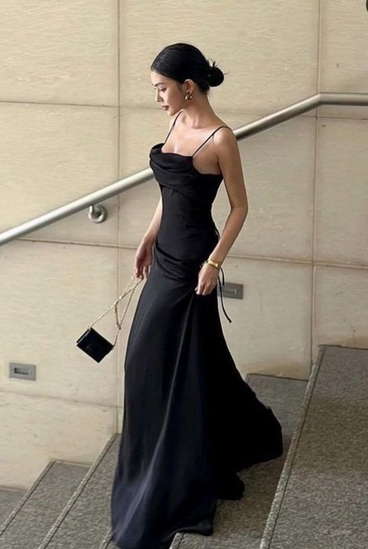 Black Spaghetti Straps A-Line Satin Long Formal Party Dress, DP3668