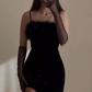 Charming Black Straps Sheath Velvet Long Party Dress with Feather, DP2849