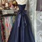 Elegant Navy Blue Bowknot Strapless A-Line Long Prom Dress Evening Dress DP6385