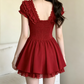 Cute Red Ruffled V-Neck Lace Corset Short Puff Sleeve Bow A-Line Homecoming Dress DP8769