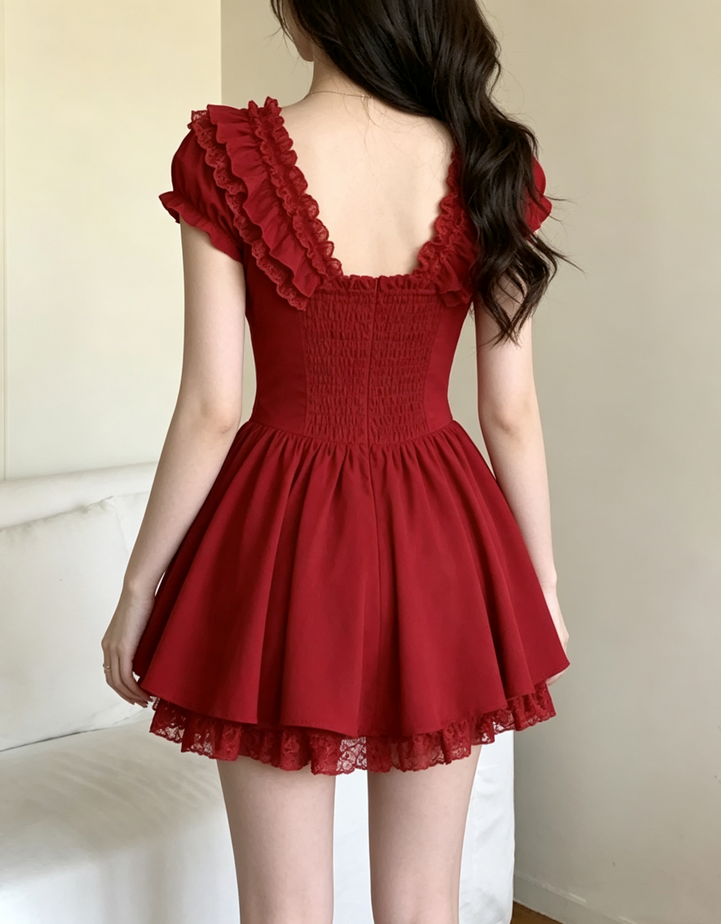 Cute Red Ruffled V-Neck Lace Corset Short Puff Sleeve Bow A-Line Homecoming Dress DP8769
