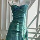 Türkisblaues Vintage Chiffon-Ballkleid mit Rüschen, Stufenrock und Spaghettiträgern im Meerjungfrauen-Stil DP8400