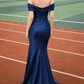 Elegant Navy Blue Off-the-Shoulder Satin Mermaid Prom Dress DP8787
